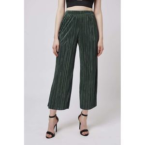 Topshop Women Green Cropped Pleated Stretch Pants